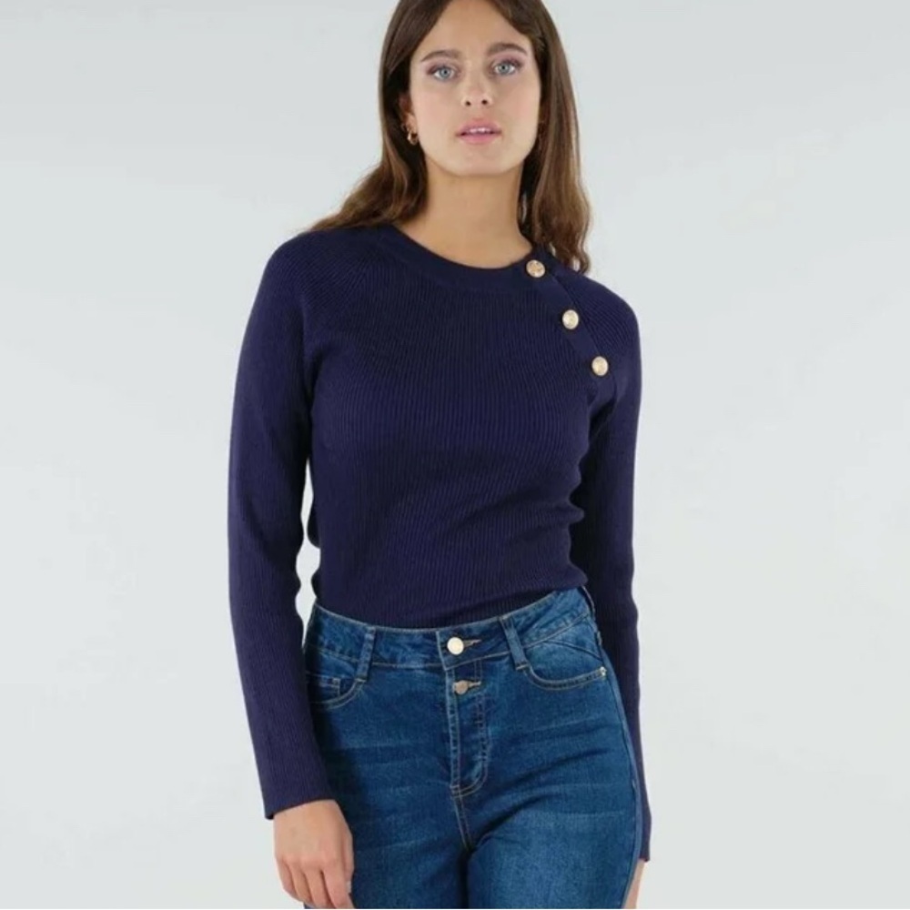Navy Pullover Sweater Ribbed Raglan Long Sleeve Button Deeluxe Women XL